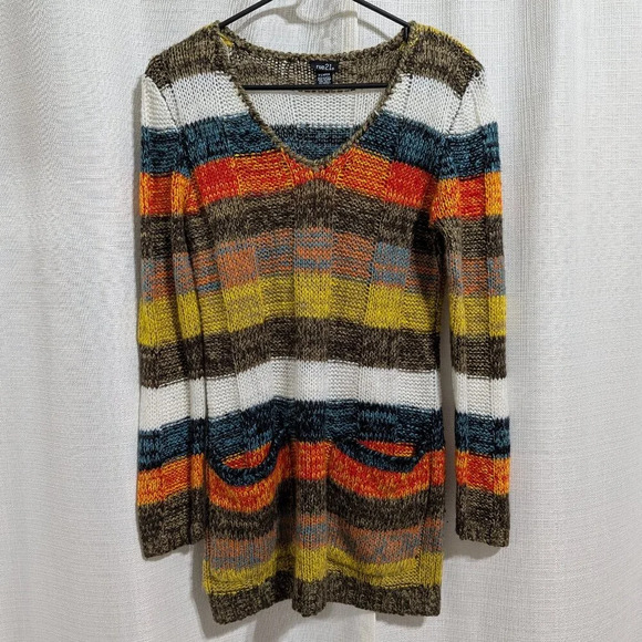 Rue21 Stripped Knit Long Sweater V Neck Multi Color XL Hippie Chic Women's - Picture 1 of 8